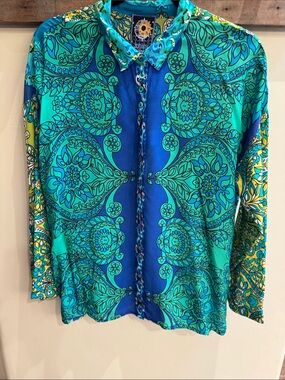 Johnny Was Silk Button-Down Shirt in Teal & Blue with Different Print on Back